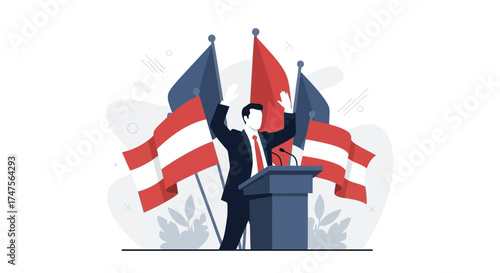 Politician Giving Speech Embracing National Flags For The Audience Presentation And Enthusiasm