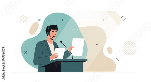 Presenter Speaking On Stage With Headset And Documents In Vector Style