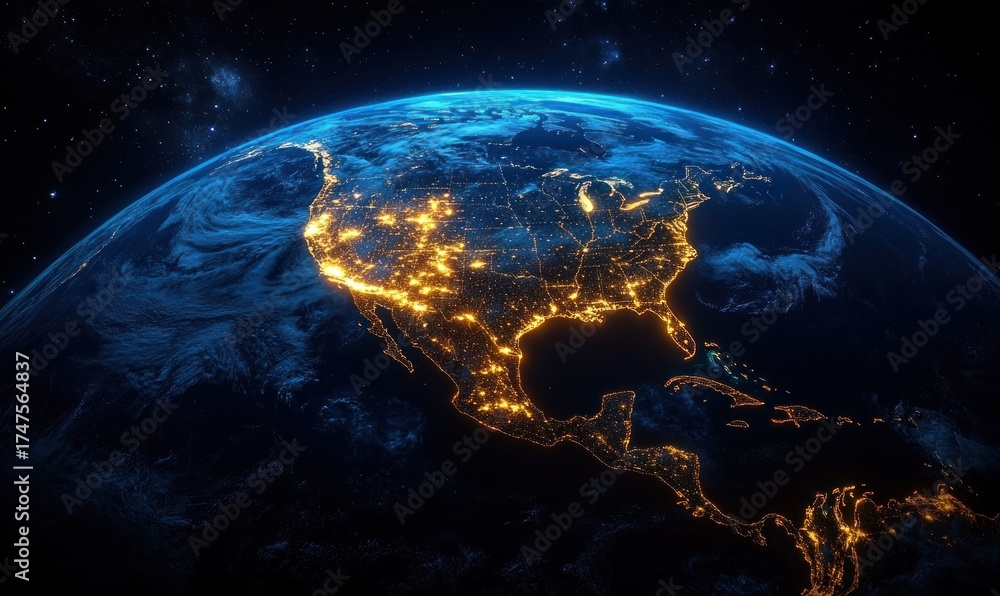 Obraz premium View of North America from space at night showing illuminated city lights and glowing coastlines with a partially visible Earth curvature and starry background