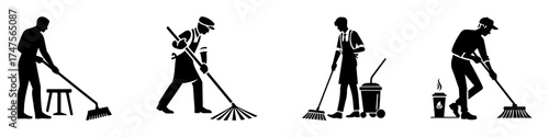 Modern Minimalist Man Sweeping Floor Icon, Flat Silhouette of a Barista Cleaning Café Vector for Coffee Shop Illustration Design