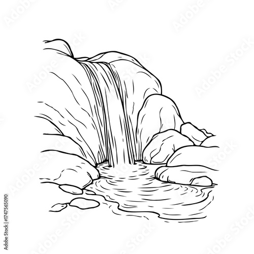 Waterfall cascading down rocks creating a serene pond a peaceful nature illustration water flowing