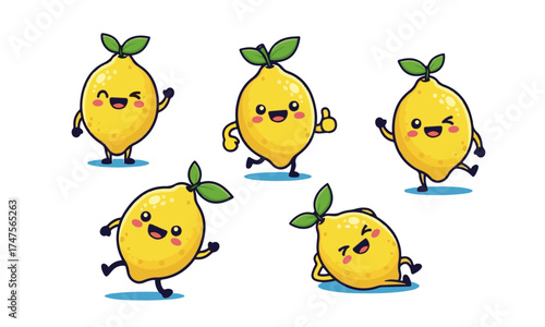 Set of Five Cute Kawaii Lemon Mascots with Playful Poses and Winks

