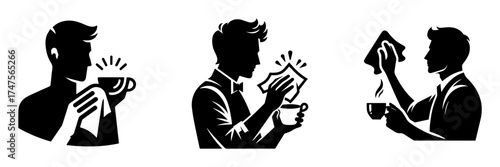 Modern Minimalist Man Holding Coffee Icon, Flat Silhouette of a Half-Body Figure Carrying Cup and Wiping Glass Vector for Café Illustration Design