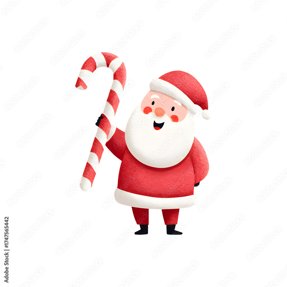Obraz premium Watercolor Santa Claus holding red and white candy cane isolated on transparent background