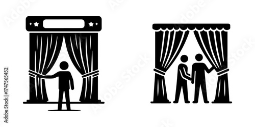 Modern Minimalist Men Closing Curtain Icon, Flat Silhouette of Workers Shutting Shop Vector for Café Illustration Design