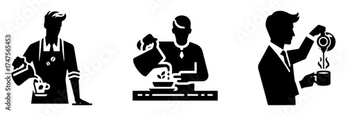 Modern Minimalist Man Pouring Coffee Icon, Flat Silhouette of a Half-Body Figure Serving Drink Vector for Café Illustration Design