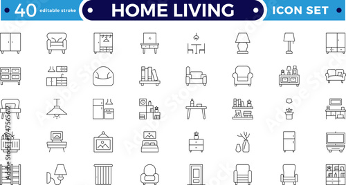 Home Living outline icon set featuring sofa, chair, table, lamp, cabinet, and home decor symbols. Modern minimal outline design for interior, storage, and seating. Editable stroke outline icon.
