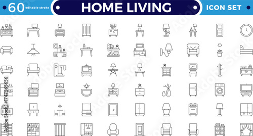 Home Living outline icon set featuring sofa, chair, table, lamp, cabinet, and home decor symbols. Modern minimal outline design for interior, storage, and seating. Editable stroke outline icon.
