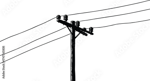 Silhouette illustration of wooden electric utility pole with insulators and power lines, minimal black and white vector design for energy infrastructure concept