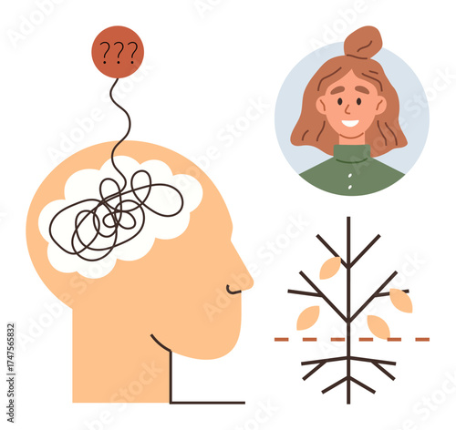 Tangled thoughts in a head with question marks, a smiling woman s portrait for emotional focus, and a bare tree losing leaves. Ideal for psychology, stress, mental health, confusion, self-reflection