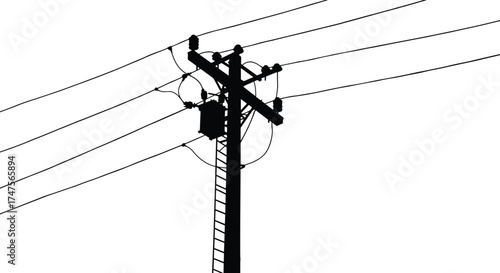 Silhouette of electric power pole with high voltage cables, utility transformer, and ladder, detailed black vector illustration on white background, energy infrastructure concept