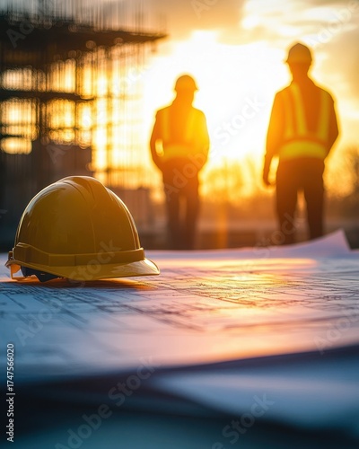 Yellow construction helmet resting on blueprints with two construction workers in reflective vests and helmets walking in the background during a golden sunset at a building site
