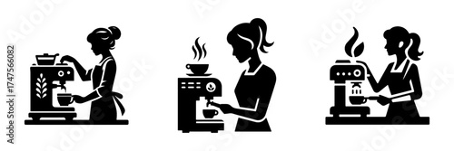 Modern Minimalist Woman Brewing Coffee Icon, Flat Silhouette of a Female Figure with Espresso Machine Vector for Café Illustration Design