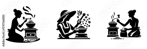 Modern Minimalist Woman Grinding Coffee Icon, Flat Silhouette of a Female Figure with Grinder Vector for Café Illustration Design