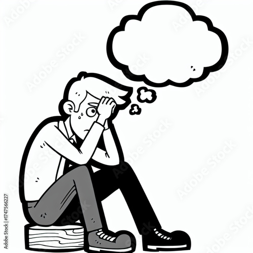 Contemplative Mind: A cartoon person sits deep in thought, a thought bubble above his head, filled with ideas and reflections.