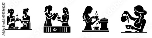Modern Minimalist Woman Pouring Coffee Icon, Flat Silhouette of a Female Figure with Cup Vector for Café Illustration Design