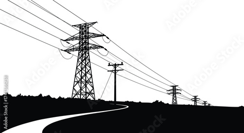 Silhouette of high voltage transmission towers and power lines across rural landscape, electricity distribution network vector illustration, energy infrastructure and technology concept