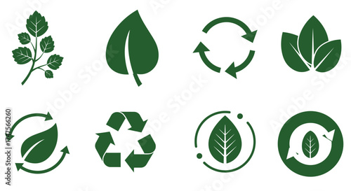 Green leaf icons with recycling symbols representing ecology and nature