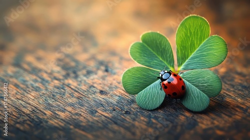 Close-up of a red ladybug with black spots resting on a four-leaf clover on a textured wooden surface, evoking a sense of luck and nature