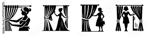 Modern Minimalist Women Closing Curtain Icon, Flat Silhouette of a Female Figure Pulling Drapes Vector for Shop Illustration Design