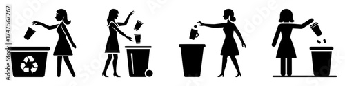Modern Minimalist Women Throwing Cup Icon, Flat Silhouette of a Female Figure Disposing Trash in Coffee Shop Vector for Cleanliness Illustration Design