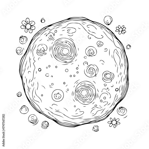 Whimsical circular celestial doodle with cratered surface surrounded by tiny flowers and swirling