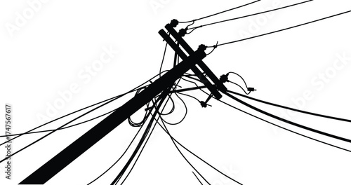 Tilted electric power pole silhouette with tangled wires and cables, detailed black and white vector illustration representing urban energy, infrastructure, and communication system.