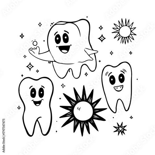 Whimsical dental illustration featuring cartoon teeth surrounded by sparkling stars and radiant