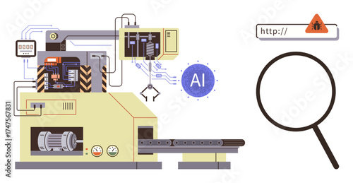 Factory machine integrated with AI analyzing web errors, magnifying glass examining bug, alert triangle, circuit elements, and gears. Ideal for technology, automation, software testing, AI systems