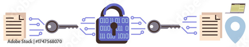 Padlock surrounded by binary data, encryption keys, and documents, symbolizing data security, encryption, privacy, digital protection, and secure file sharing. Ideal for cybersecurity technology