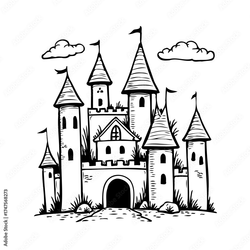Obraz premium Whimsical fantasy castle illustration featuring towering spires and dreamy clouds in a captivating