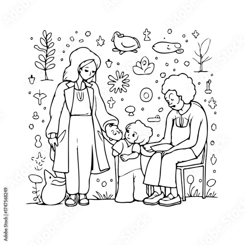 Whimsical family gathering illustration showcasing intergenerational interaction and youthful