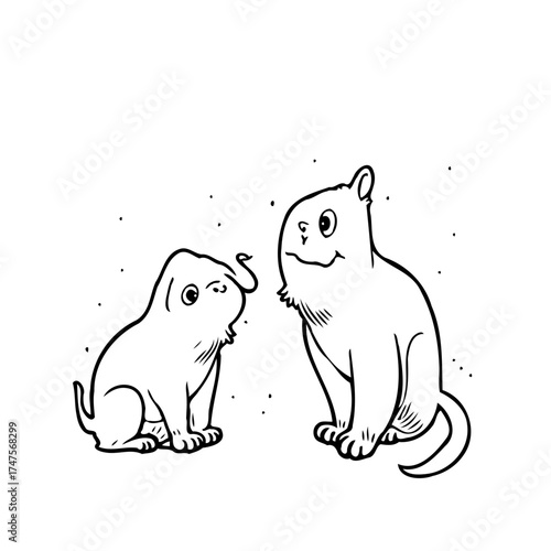Whimsical feline and canine friends share a moment of innocent curiosity in a minimalist design