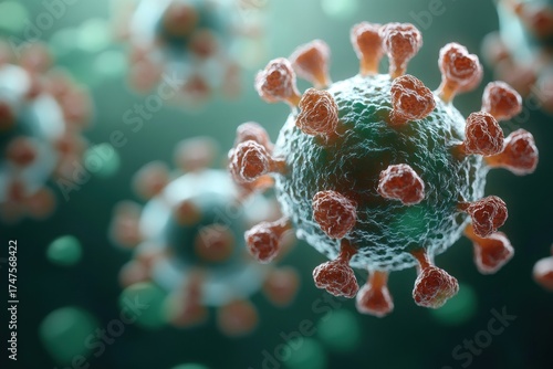 Close-up microscopic view of spherical virus particles with spike-like protrusions on a green and blue background, representing infectious agents and microscopic biological threat