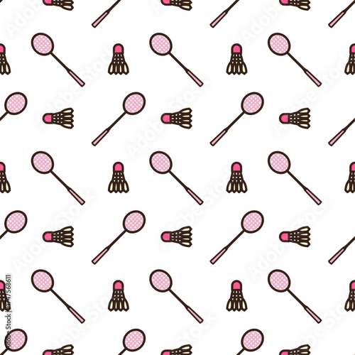 doodle pattern of two badminton rackets with a shuttlecock.The rackets have pink faces with a grid pattern, dark frames, and pink handles. The shuttlecock has a pink base and white or light feathers