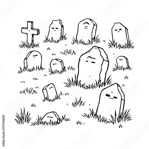Whimsical graveyard landscape featuring stylized tombstones and grassy knolls in a playful cartoon