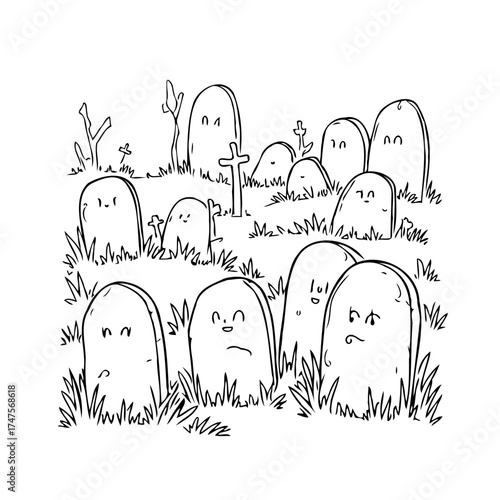 Whimsical graveyard illustration with cartoon gravestones exhibiting quirky expressions against a