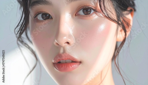 日本人, 超リアル, 美しい若い女性, 顔クローズアップ, 欠点のない肌, 輝く肌質, ナチュラルメイク, 柔らかなライティング, 美容CM風, シネマティック, カメラ目線, 高解像度, Japanese, ultra-realistic, beautiful young woman, face close-up, flawless skin, glowing complexion