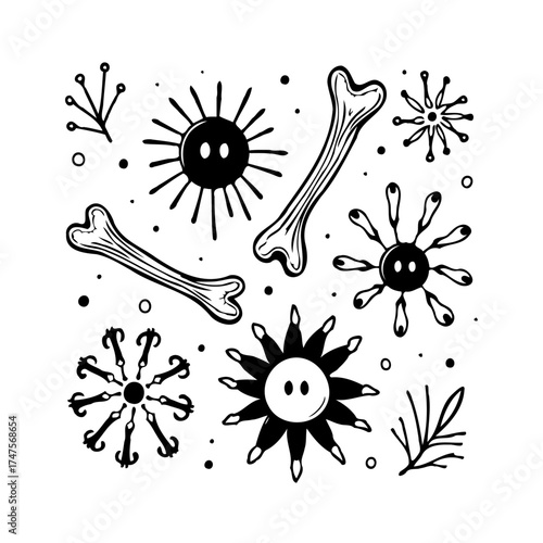 Whimsical Halloween doodles featuring playful bone illustrations and peculiar floral sunbursts