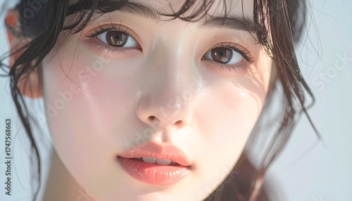 日本人, 超リアル, 美しい若い女性, 顔クローズアップ, 欠点のない肌, 輝く肌質, ナチュラルメイク, 柔らかなライティング, 美容CM風, シネマティック, カメラ目線, 高解像度, Japanese, ultra-realistic, beautiful young woman, face close-up, flawless skin, glowing complexion