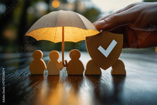 Wooden figures protected by a lit umbrella and a hand holding a shield with a check mark symbolizing safety and security