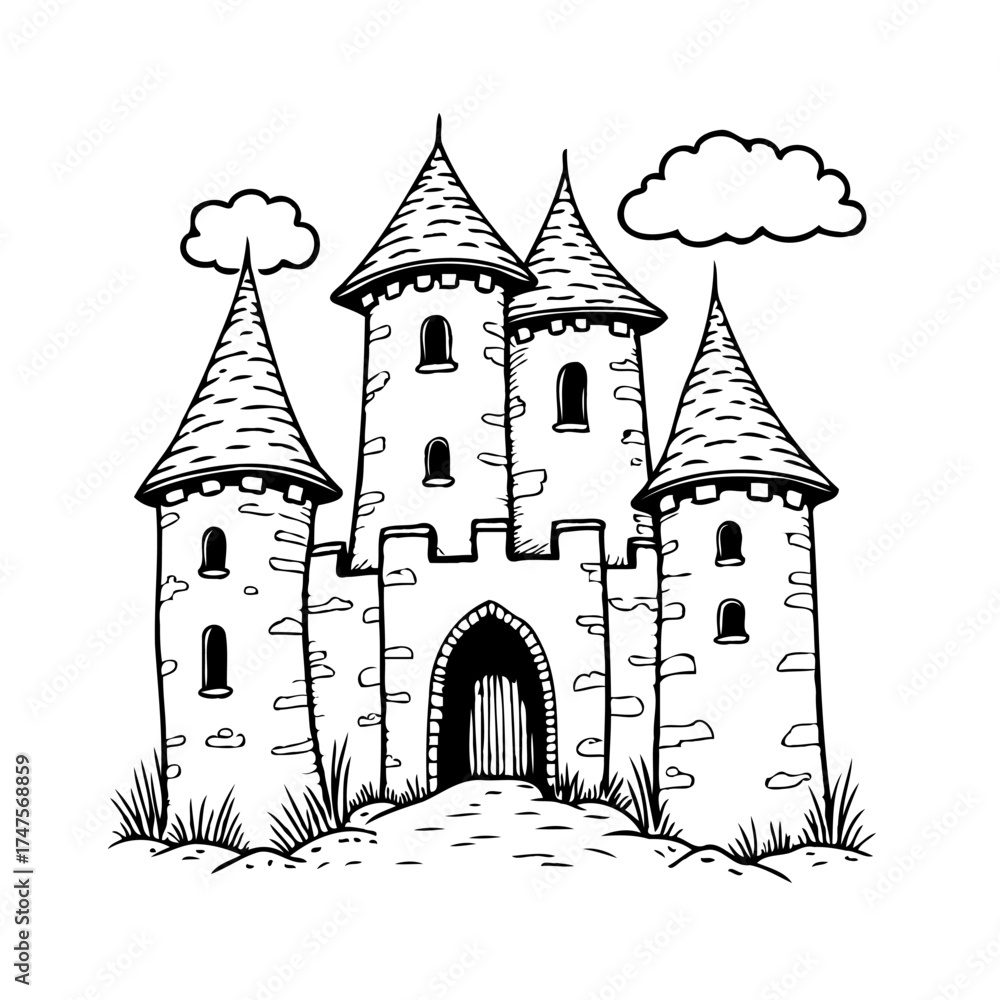 Fototapeta premium Whimsical hand drawn medieval castle illustration with detailed turrets evokes fantasy storybook