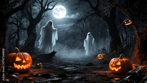 Spooky Halloween night illustration with pumpkins, bats, and a dark cemetery scene under an orange moon for an October party card design
