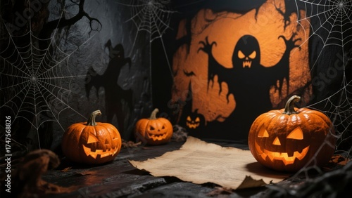 Dark Halloween background featuring glowing jack-o’-lantern pumpkins, spider webs, and a scary ghostly shadow on the wall. Perfect spooky setup for Halloween invitations, seasonal banners,party poster