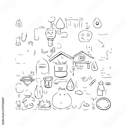 Whimsical hand drawn kitchen objects and culinary elements a fun composition for kitchen decor or