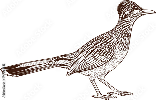 Elegant roadrunner bird elegantly drawn in detailed line art profile, perfect for wildlife design and natural history projects