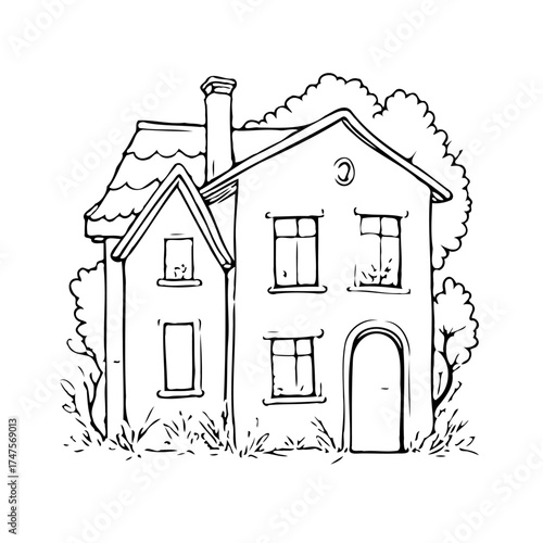 Whimsical home hand drawn illustration featuring a charming dwelling nestled amid stylized foliage