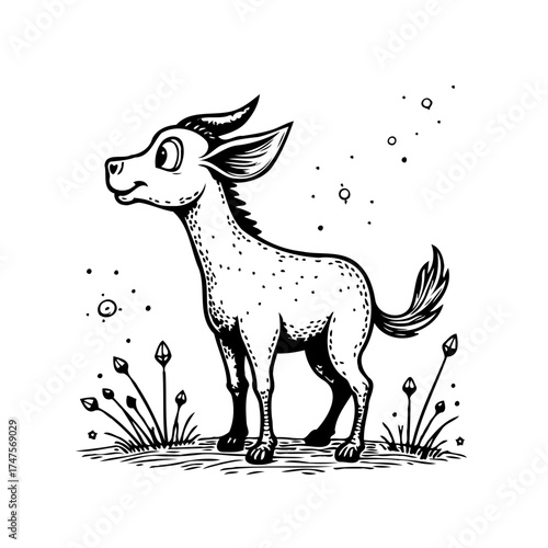 Whimsical horned quadruped creature in a field, evoking lighthearted fantasy and youthful artistic