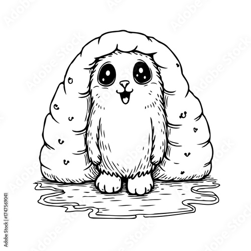 Whimsical illustrated creature emerging from a puffy cloud puddle conveying innocence and surprise