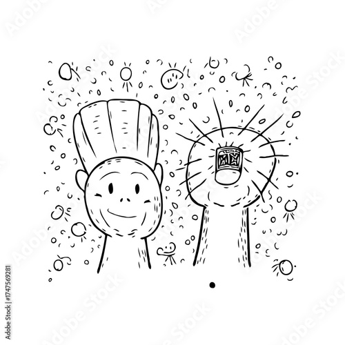 Whimsical line art depicting contrasting emotions and perspectives in an imaginative drawing style